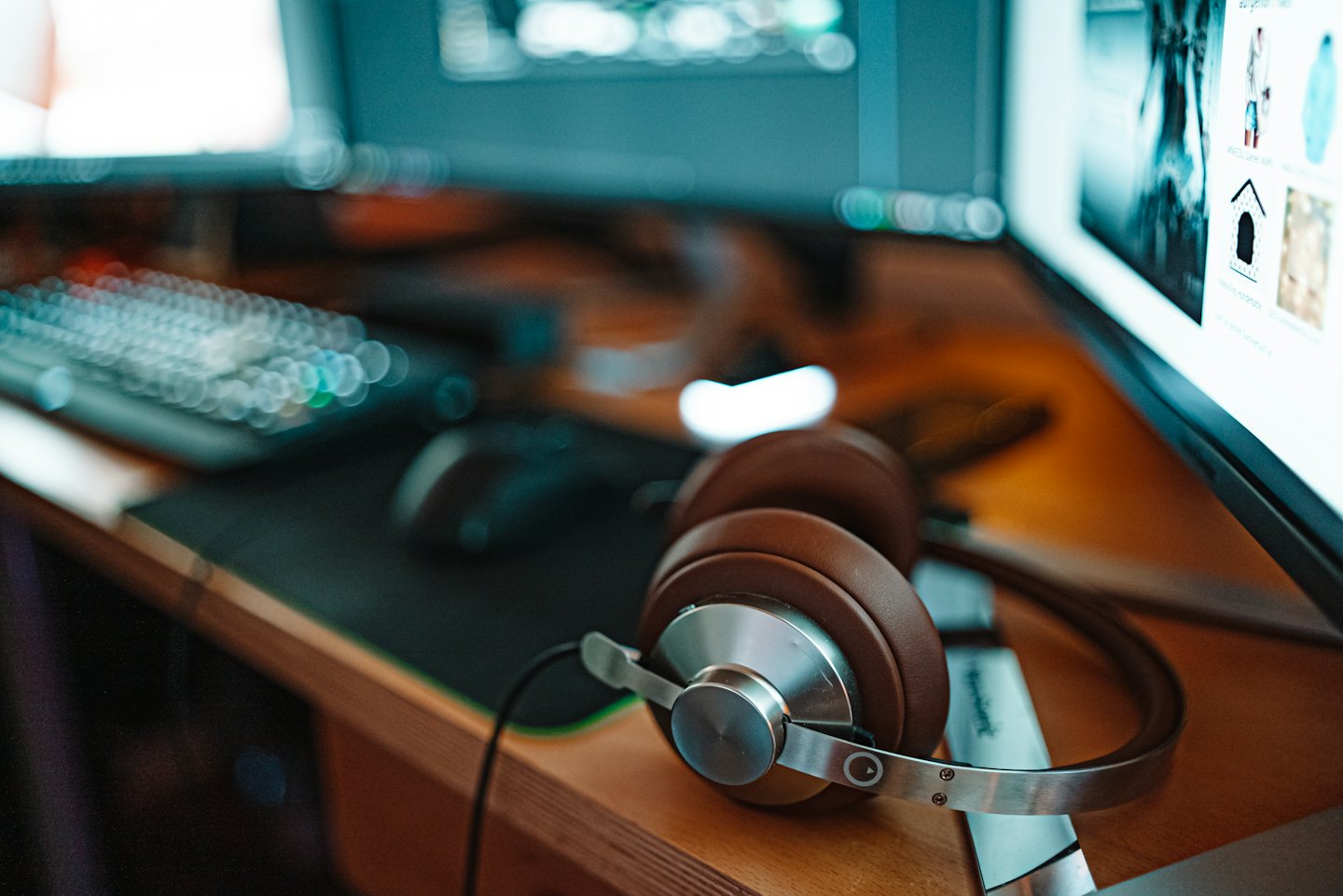 Auriculares modernos con orejeras marrones sobre un escritorio de madera.